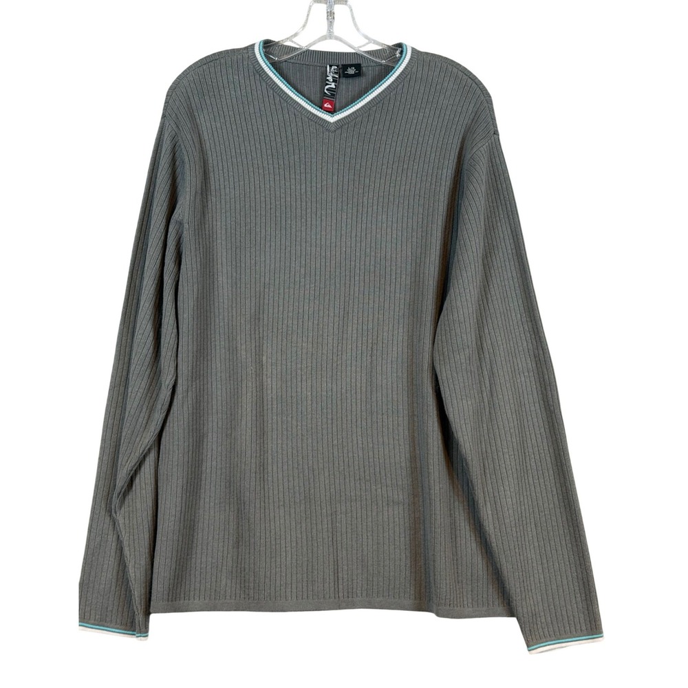 Quiksilver Mens Gray Ribbed‎ Knit V-Neck Sweater Long Sleeve •Large• Skater Y2K